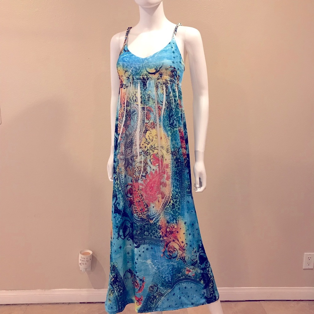 Cristina Love Summer Maxi Dress Size Medium Blue Yellow Touch of Bling Sundress